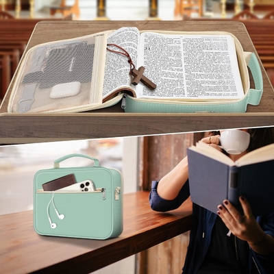 FINPAC Große Bibelhülle mit Schultergurt, Bücherkoffer, Kirchenbeutel, Schutz für die Bibel, mit Feder und Reißverschluss