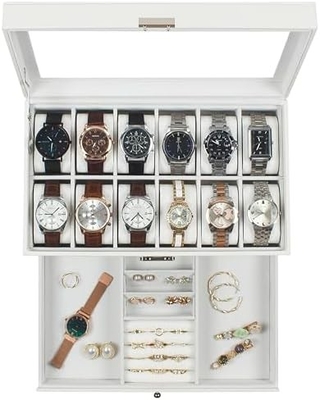 GUKA Uhr Box 12 Slot Uhr Display Organisator Leder Schmuckkoffer Schublade Glas Geburtstag für Männer Frauen, Kind Ehemann