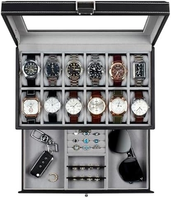 GUKA Uhr Box 12 Slot Uhr Display Organisator Leder Schmuckkoffer Schublade Glas Geburtstag für Männer Frauen, Kind Ehemann