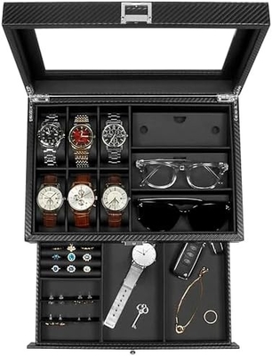 GUKA Uhr Box 12 Slot Uhr Display Organisator Leder Schmuckkoffer Schublade Glas Geburtstag für Männer Frauen, Kind Ehemann