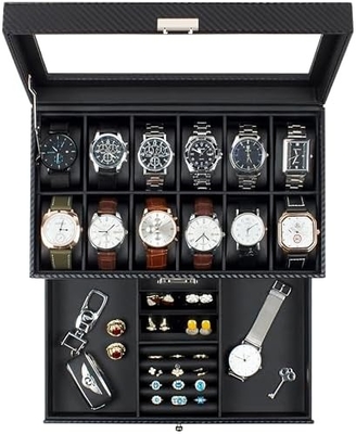 GUKA Uhr Box 12 Slot Uhr Display Organisator Leder Schmuckkoffer Schublade Glas Geburtstag für Männer Frauen, Kind Ehemann