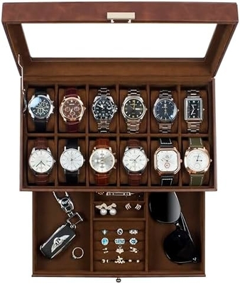 GUKA Uhr Box 12 Slot Uhr Display Organisator Leder Schmuckkoffer Schublade Glas Geburtstag für Männer Frauen, Kind Ehemann