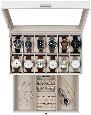 GUKA Uhr Box 12 Slot Uhr Display Organisator Leder Schmuckkoffer Schublade Glas Geburtstag für Männer Frauen, Kind Ehemann