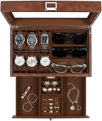GUKA Uhr Box 12 Slot Uhr Display Organisator Leder Schmuckkoffer Schublade Glas Geburtstag für Männer Frauen, Kind Ehemann