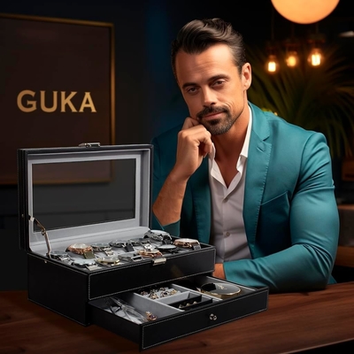 GUKA Uhr Box 12 Slot Uhr Display Organisator Leder Schmuckkoffer Schublade Glas Geburtstag für Männer Frauen, Kind Ehemann
