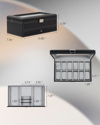 GUKA Uhr Box 12 Slot Uhr Display Organisator Leder Schmuckkoffer Schublade Glas Geburtstag für Männer Frauen, Kind Ehemann