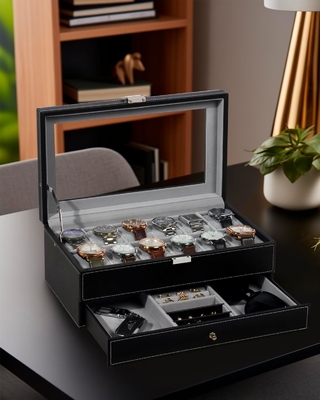 GUKA Uhr Box 12 Slot Uhr Display Organisator Leder Schmuckkoffer Schublade Glas Geburtstag für Männer Frauen, Kind Ehemann