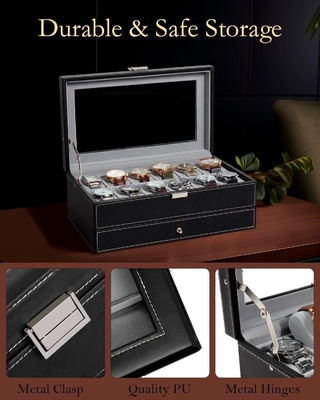 GUKA Uhr Box 12 Slot Uhr Display Organisator Leder Schmuckkoffer Schublade Glas Geburtstag für Männer Frauen, Kind Ehemann