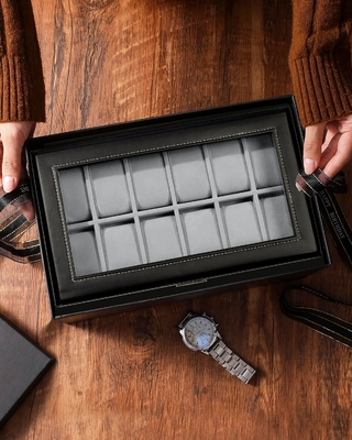 GUKA Uhr Box 12 Slot Uhr Display Organisator Leder Schmuckkoffer Schublade Glas Geburtstag für Männer Frauen, Kind Ehemann
