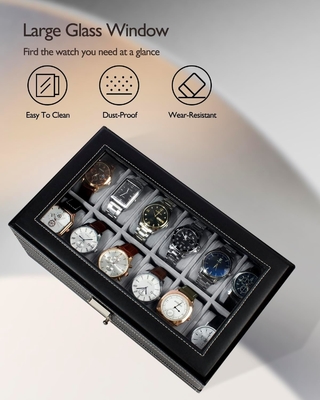GUKA Uhr Box 12 Slot Uhr Display Organisator Leder Schmuckkoffer Schublade Glas Geburtstag für Männer Frauen, Kind Ehemann