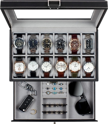 GUKA Uhr Box 12 Slot Uhr Display Organisator Leder Schmuckkoffer Schublade Glas Geburtstag für Männer Frauen, Kind Ehemann