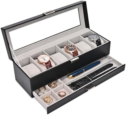 ProCase Uhr Box Organisator für Männer, 6 Slot Uhr Display Case mit Schublade, Vatertagsgeschenk Herrenuhr Halter Uhr