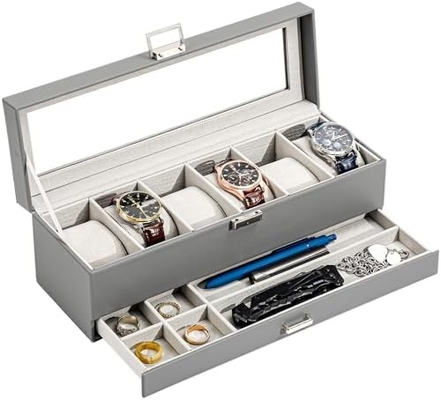 ProCase Uhr Box Organisator für Männer, 6 Slot Uhr Display Case mit Schublade, Vatertagsgeschenk Herrenuhr Halter Uhr