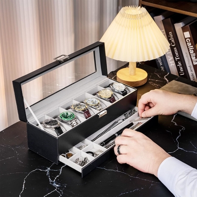 ProCase Uhr Box Organisator für Männer, 6 Slot Uhr Display Case mit Schublade, Vatertagsgeschenk Herrenuhr Halter Uhr