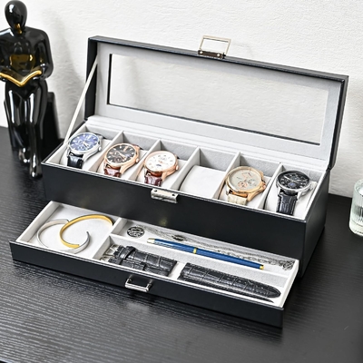 ProCase Uhr Box Organisator für Männer, 6 Slot Uhr Display Case mit Schublade, Vatertagsgeschenk Herrenuhr Halter Uhr