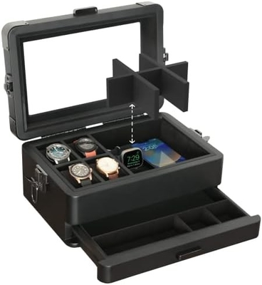CASE ELEGANCE Militär 10 Slot Uhrenkasten Hülle Organisator für Männer, echtes Glas Top, Modularer Valet Tray,