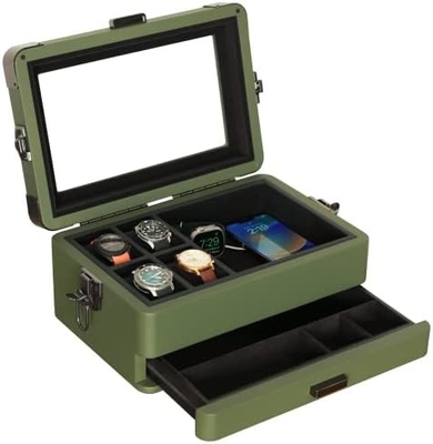 CASE ELEGANCE Militär 10 Slot Uhrenkasten Hülle Organisator für Männer, echtes Glas Top, Modularer Valet Tray,