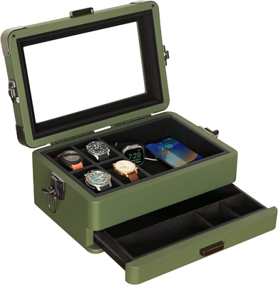 CASE ELEGANCE Militär 10 Slot Uhrenkasten Hülle Organisator für Männer, echtes Glas Top, Modularer Valet Tray,
