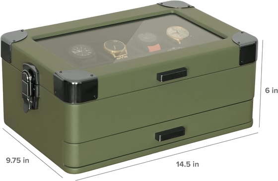 CASE ELEGANCE Militär 10 Slot Uhrenkasten Hülle Organisator für Männer, echtes Glas Top, Modularer Valet Tray,