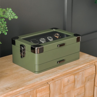 CASE ELEGANCE Militär 10 Slot Uhrenkasten Hülle Organisator für Männer, echtes Glas Top, Modularer Valet Tray,