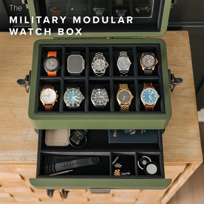 CASE ELEGANCE Militär 10 Slot Uhrenkasten Hülle Organisator für Männer, echtes Glas Top, Modularer Valet Tray,