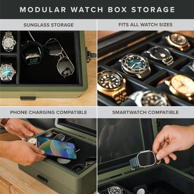 CASE ELEGANCE Militär 10 Slot Uhrenkasten Hülle Organisator für Männer, echtes Glas Top, Modularer Valet Tray,