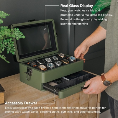 CASE ELEGANCE Militär 10 Slot Uhrenkasten Hülle Organisator für Männer, echtes Glas Top, Modularer Valet Tray,