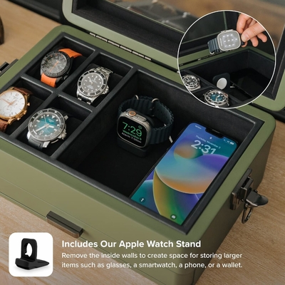CASE ELEGANCE Militär 10 Slot Uhrenkasten Hülle Organisator für Männer, echtes Glas Top, Modularer Valet Tray,