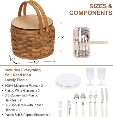 Kleine Picknickkörbe mit isolierter Kühler, Picknickkorb für 2 Personen, Holzsplitter Wicker-Korb, einschließlich 2 Sets