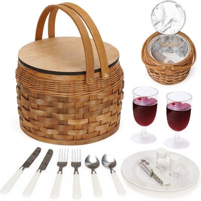 Kleine Picknickkörbe mit isolierter Kühler, Picknickkorb für 2 Personen, Holzsplitter Wicker-Korb, einschließlich 2 Sets