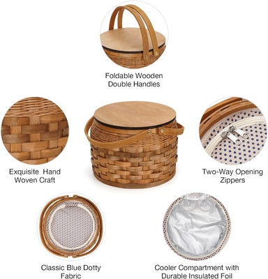 Kleine Picknickkörbe mit isolierter Kühler, Picknickkorb für 2 Personen, Holzsplitter Wicker-Korb, einschließlich 2 Sets