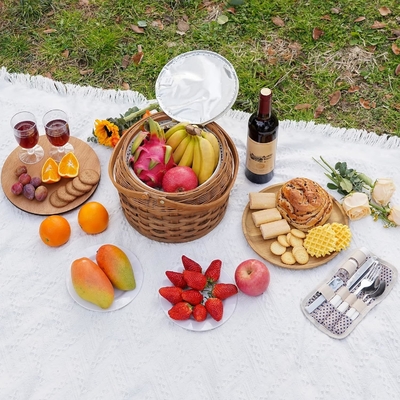 Kleine Picknickkörbe mit isolierter Kühler, Picknickkorb für 2 Personen, Holzsplitter Wicker-Korb, einschließlich 2 Sets
