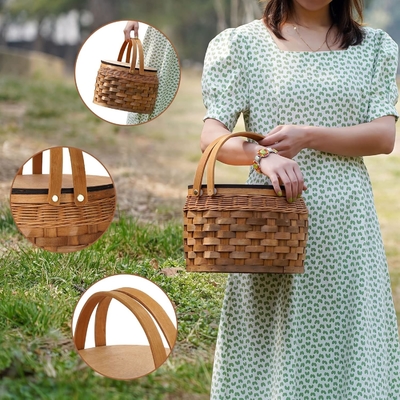 Kleine Picknickkörbe mit isolierter Kühler, Picknickkorb für 2 Personen, Holzsplitter Wicker-Korb, einschließlich 2 Sets