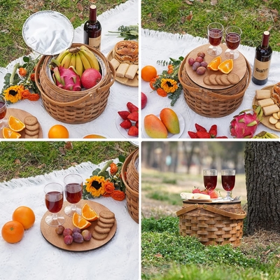 Kleine Picknickkörbe mit isolierter Kühler, Picknickkorb für 2 Personen, Holzsplitter Wicker-Korb, einschließlich 2 Sets
