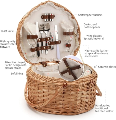 Picknickkorb für 2 Personen Picknickkorb in Herzensform Leergewebe aus Weiden aus Weidenholz, Rucksack mit Deckelgriff