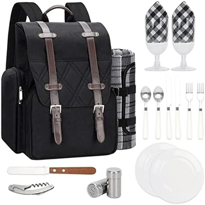 Picknick-Rucksack für 4 Personen mit großer isolierter Kühltasche, Picknick-Korb-Set mit Weinbeutel,