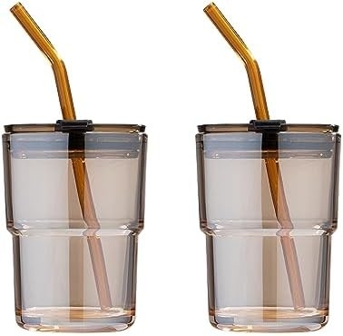 13oz/400ml Wasserglas, Tassen mit Stroh und Deckel versiegelt für Kaffee, Eistee, Dicke Wand Isoliertes Glas