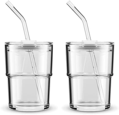 13oz/400ml Wasserglas, Tassen mit Stroh und Deckel versiegelt für Kaffee, Eistee, Dicke Wand Isoliertes Glas