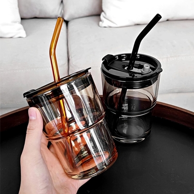 13oz/400ml Wasserglas, Tassen mit Stroh und Deckel versiegelt für Kaffee, Eistee, Dicke Wand Isoliertes Glas