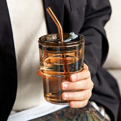 13oz/400ml Wasserglas, Tassen mit Stroh und Deckel versiegelt für Kaffee, Eistee, Dicke Wand Isoliertes Glas
