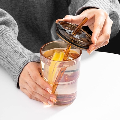 13oz/400ml Wasserglas, Tassen mit Stroh und Deckel versiegelt für Kaffee, Eistee, Dicke Wand Isoliertes Glas