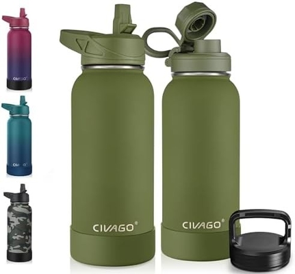 32 oz isolierte Wasserflasche mit Stroh, Edelstahl-Sport-Wasserflasche mit 3 Deckeln (Strau, Sprudel und Deckel)