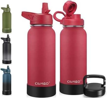 32 oz isolierte Wasserflasche mit Stroh, Edelstahl-Sport-Wasserflasche mit 3 Deckeln (Strau, Sprudel und Deckel)