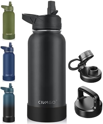 32 oz isolierte Wasserflasche mit Stroh, Edelstahl-Sport-Wasserflasche mit 3 Deckeln (Strau, Sprudel und Deckel)