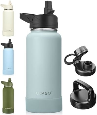 32 oz isolierte Wasserflasche mit Stroh, Edelstahl-Sport-Wasserflasche mit 3 Deckeln (Strau, Sprudel und Deckel)