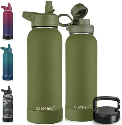 32 oz isolierte Wasserflasche mit Stroh, Edelstahl-Sport-Wasserflasche mit 3 Deckeln (Strau, Sprudel und Deckel)
