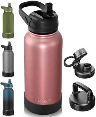 32 oz isolierte Wasserflasche mit Stroh, Edelstahl-Sport-Wasserflasche mit 3 Deckeln (Strau, Sprudel und Deckel)