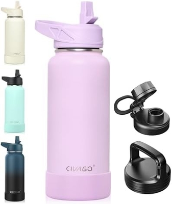 32 oz isolierte Wasserflasche mit Stroh, Edelstahl-Sport-Wasserflasche mit 3 Deckeln (Strau, Sprudel und Deckel)