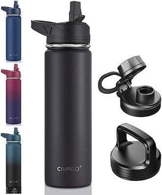 32 oz isolierte Wasserflasche mit Stroh, Edelstahl-Sport-Wasserflasche mit 3 Deckeln (Strau, Sprudel und Deckel)