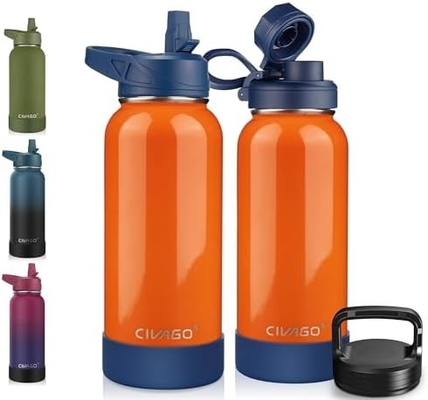 32 oz isolierte Wasserflasche mit Stroh, Edelstahl-Sport-Wasserflasche mit 3 Deckeln (Strau, Sprudel und Deckel)